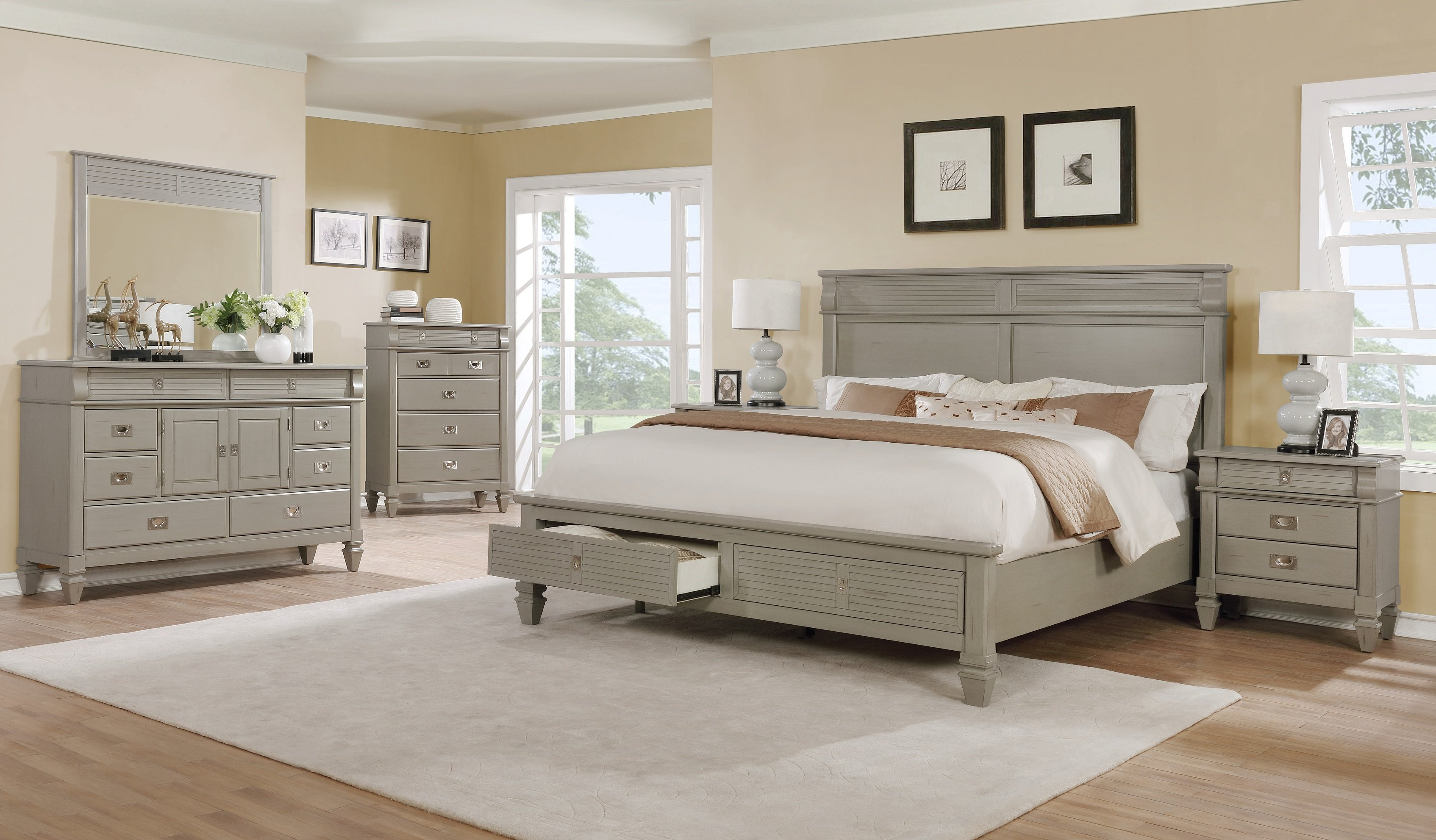 Vasilikos Gray Solid Wood Construction Platform 5 Piece Bedroom Set for dimensions 3389 X 1983