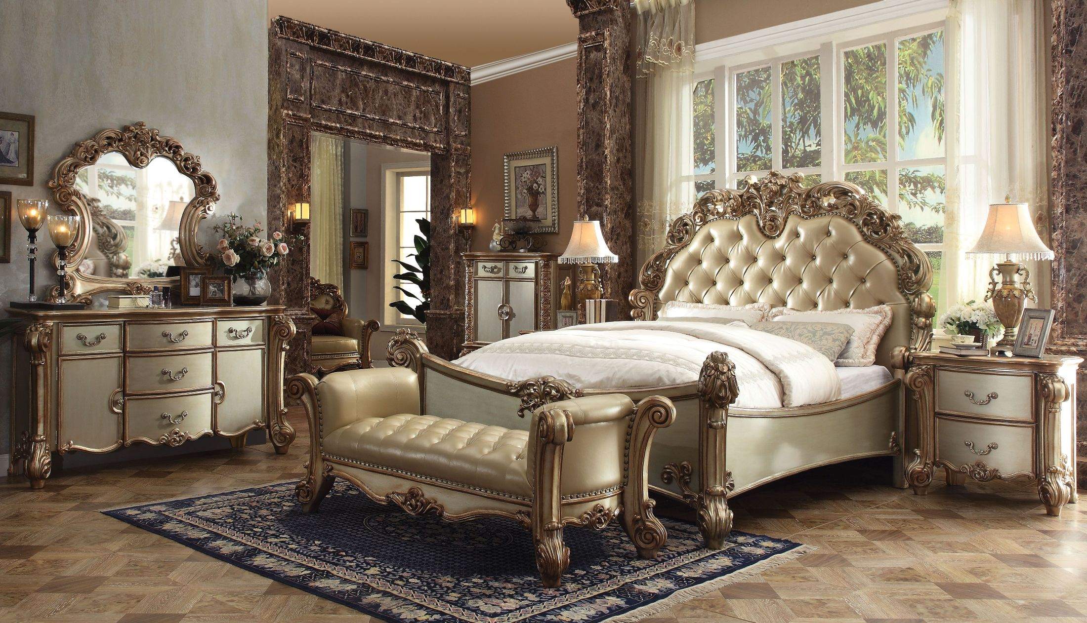 Vendome Bone Gold Patina Upholstered Panel Bedroom Set inside proportions 2200 X 1262