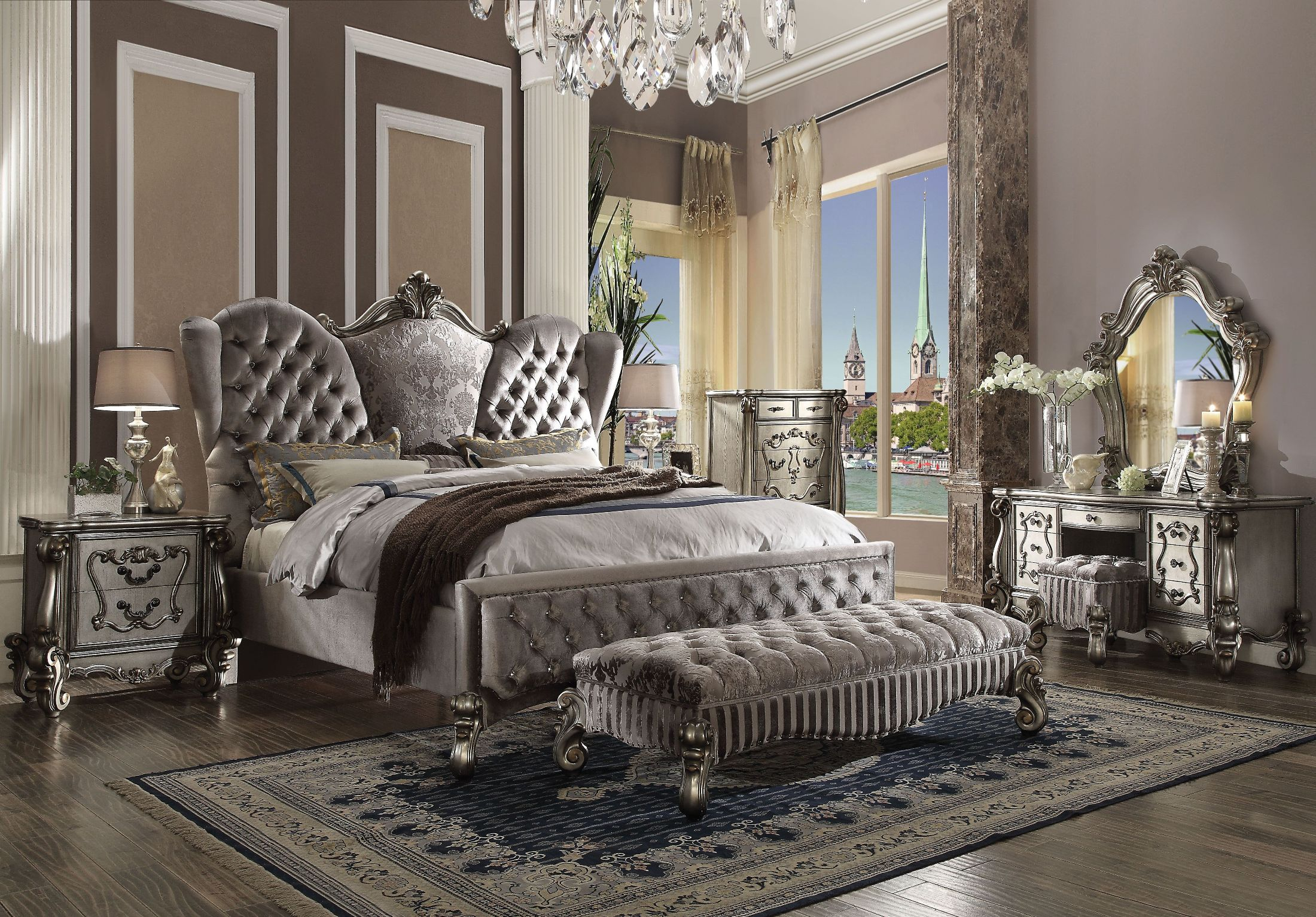 Versailles Velvet And Antique Platinum Upholstered Panel Bedroom Set inside size 2200 X 1533