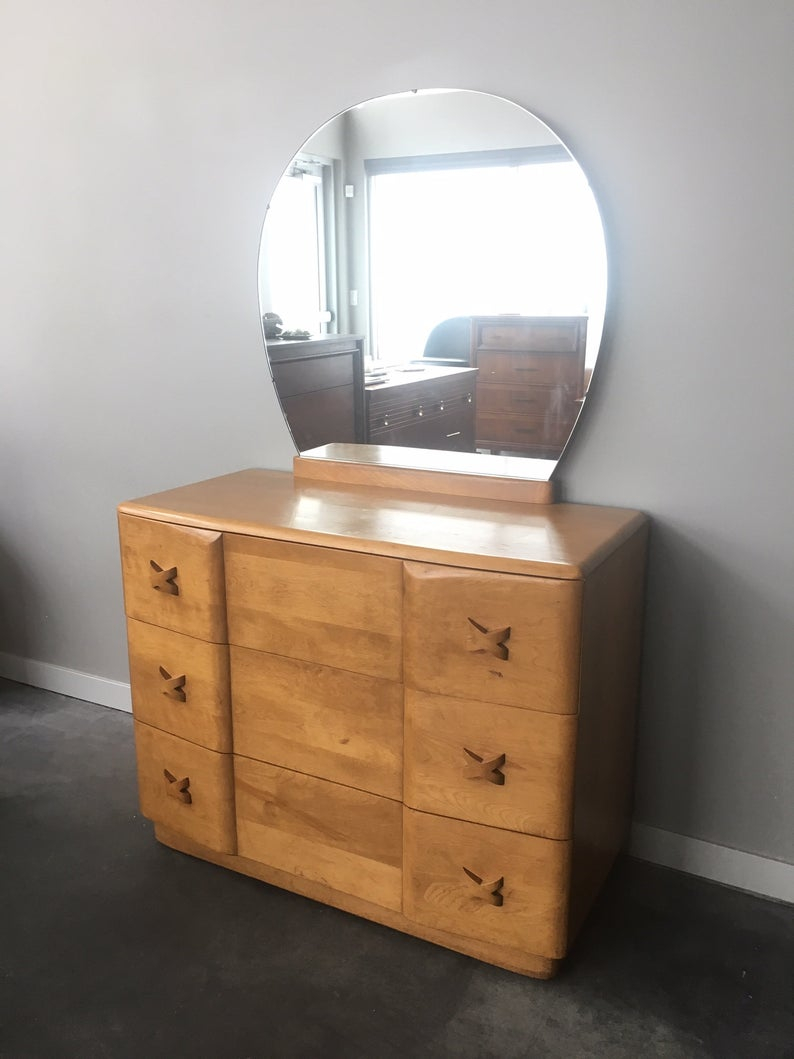 Vintage Mid Century Modern Heywood Wakefield Rio 3 Drawer Dresser With Round Mirror Retro Bedroom Furniture pertaining to size 794 X 1059