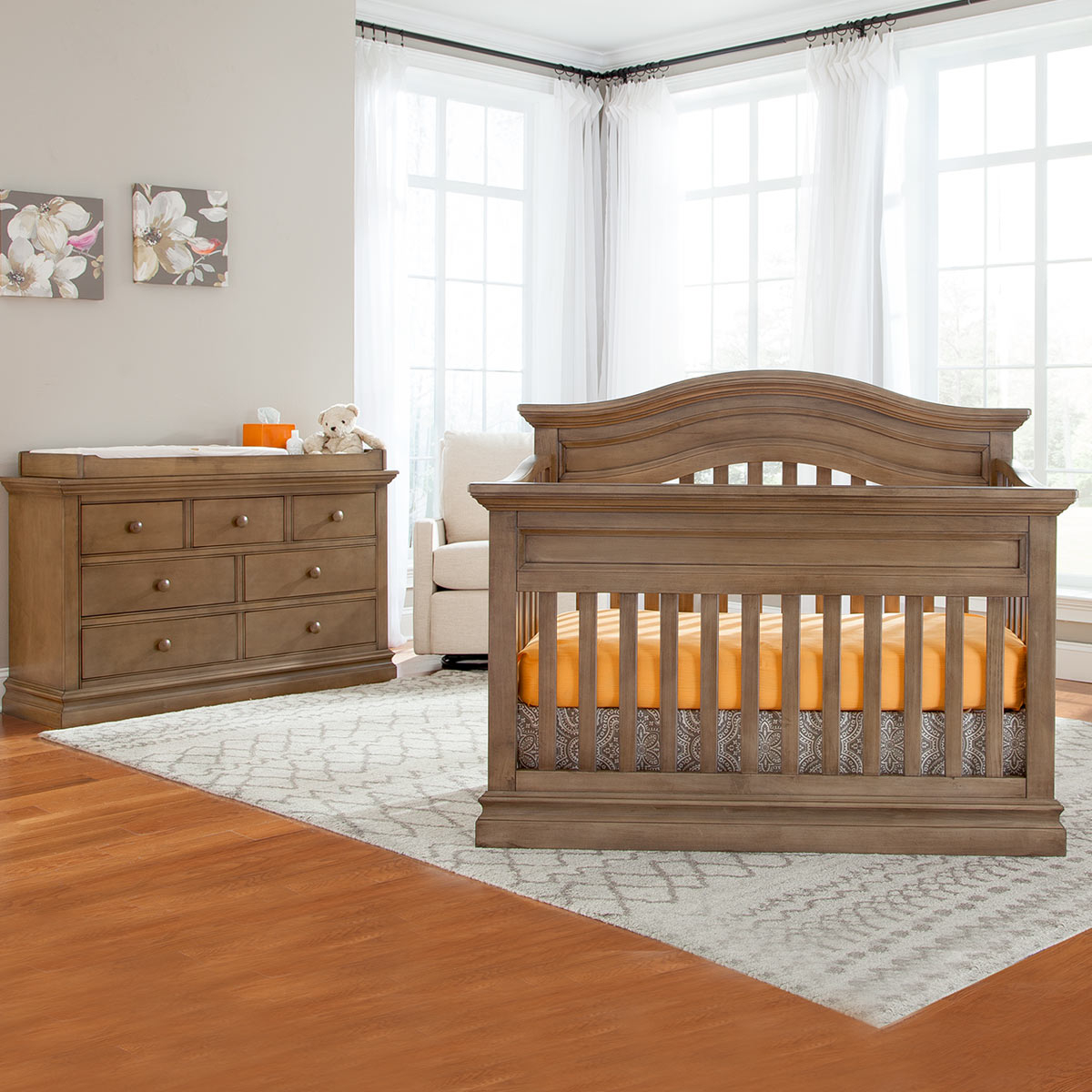 Westwood Design Stone Harbor 2 Piece Nursery Set Convertible Panel Crib And 7 Drawer Dresser In Cashew inside size 1200 X 1200