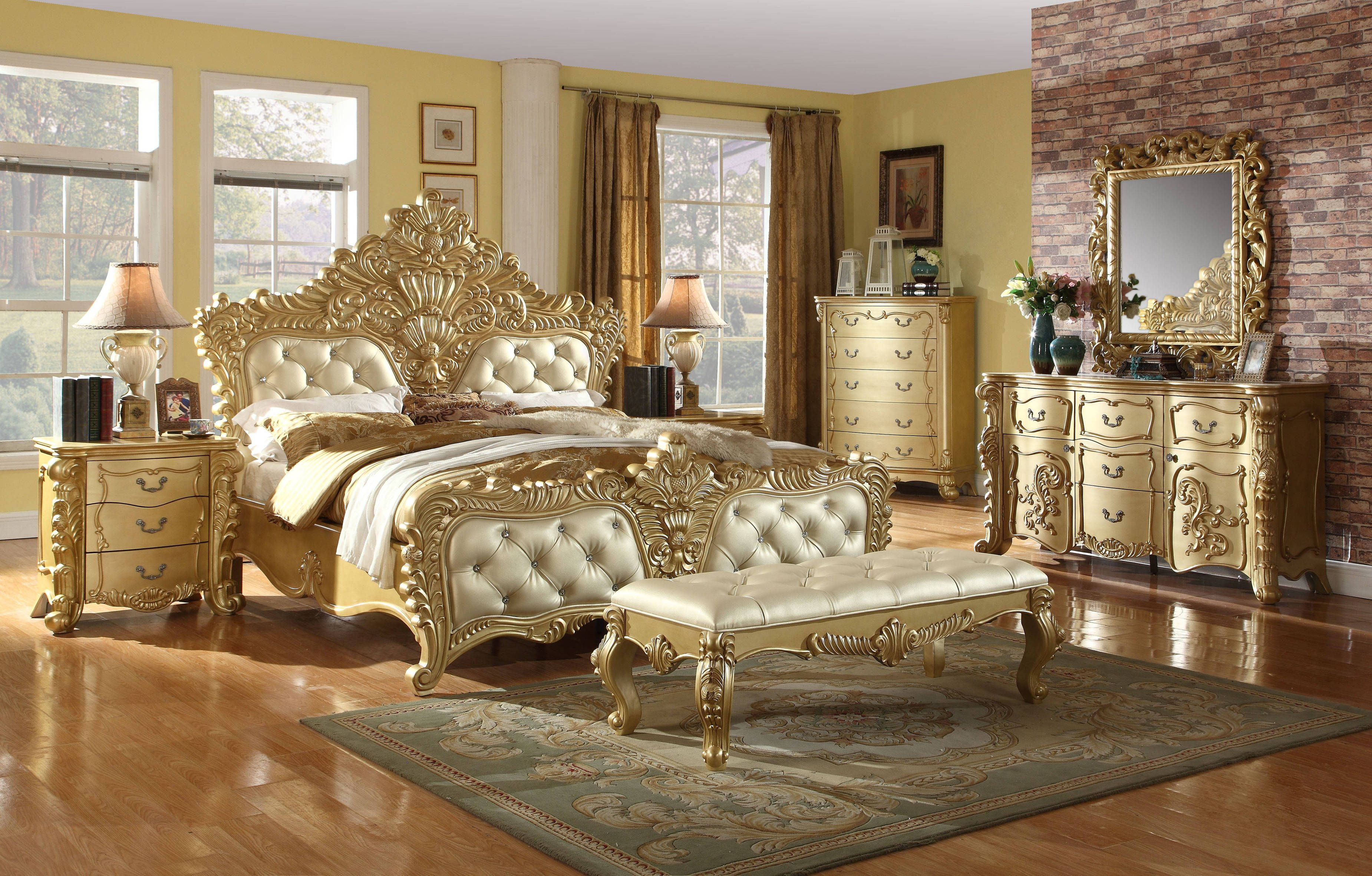 Zelda Gold Bonded Leather Elegant French Provincial Crafted King Bed within size 3700 X 2364