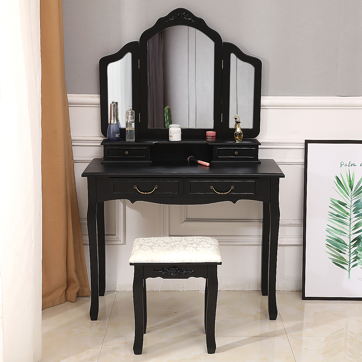 Zimtown Tri Folding Mirror Wood Vanity Set Bedroom Vanities Makeup Table Dresser 4 Drawers With Stool in size 1200 X 1200