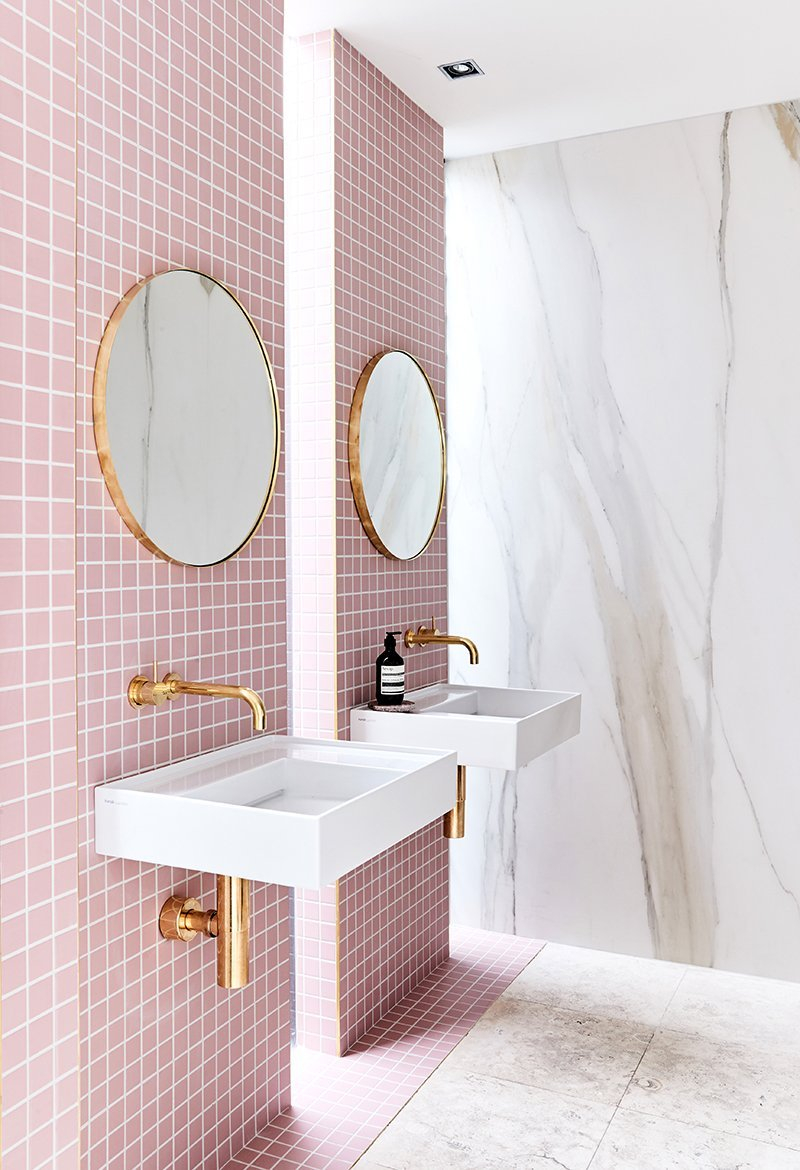 A Gorgeous Pink Tiled Bathroom With Gold Hardware Bathroom throughout size 800 X 1170