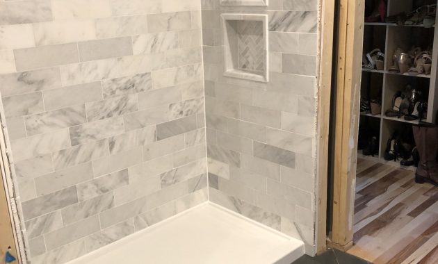 Bathroom Progress 6x24 Herringbone Slate Floor Tile 4x12 within size 3024 X 4032