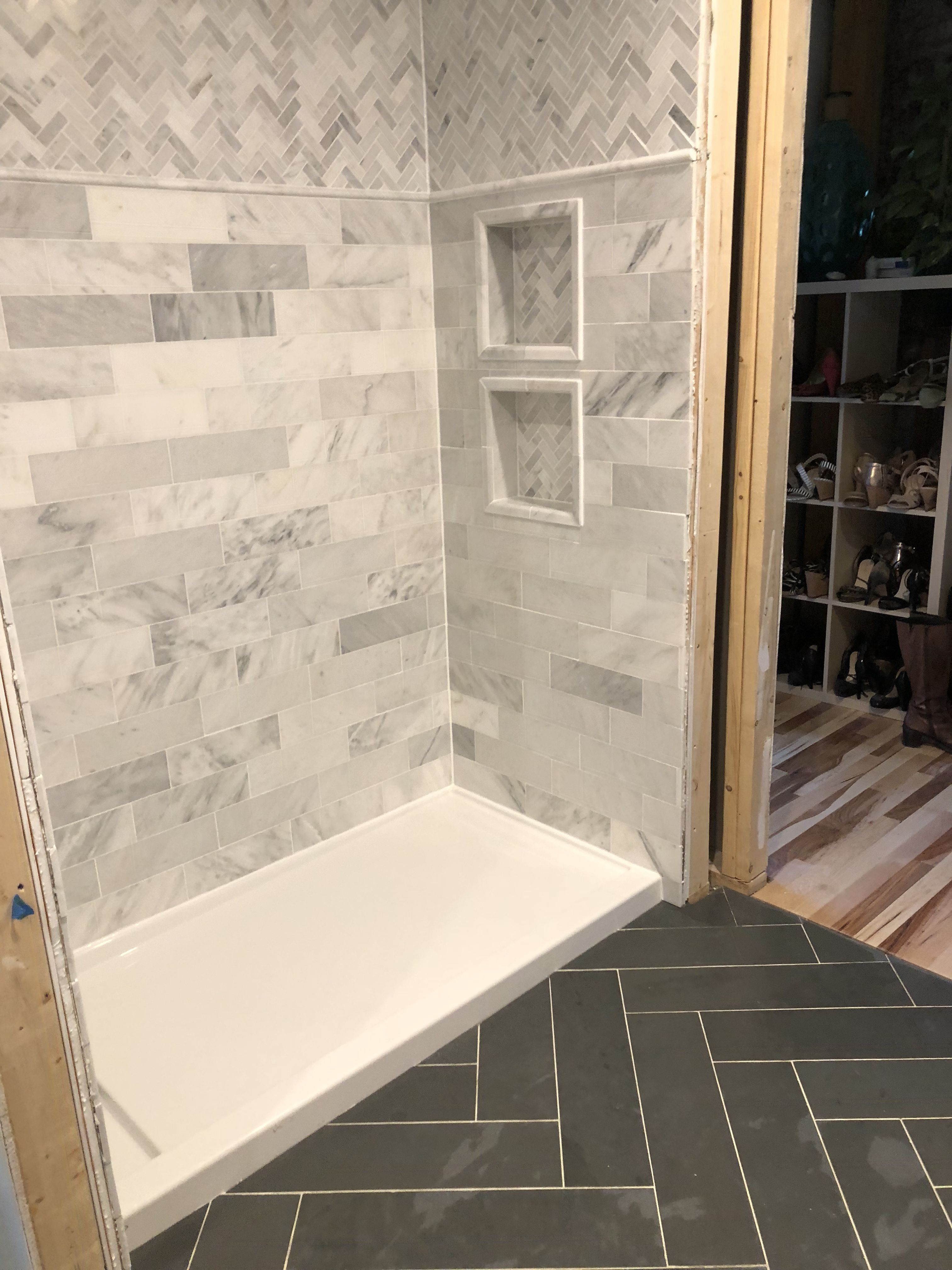 Bathroom Progress 6x24 Herringbone Slate Floor Tile 4x12 within size 3024 X 4032