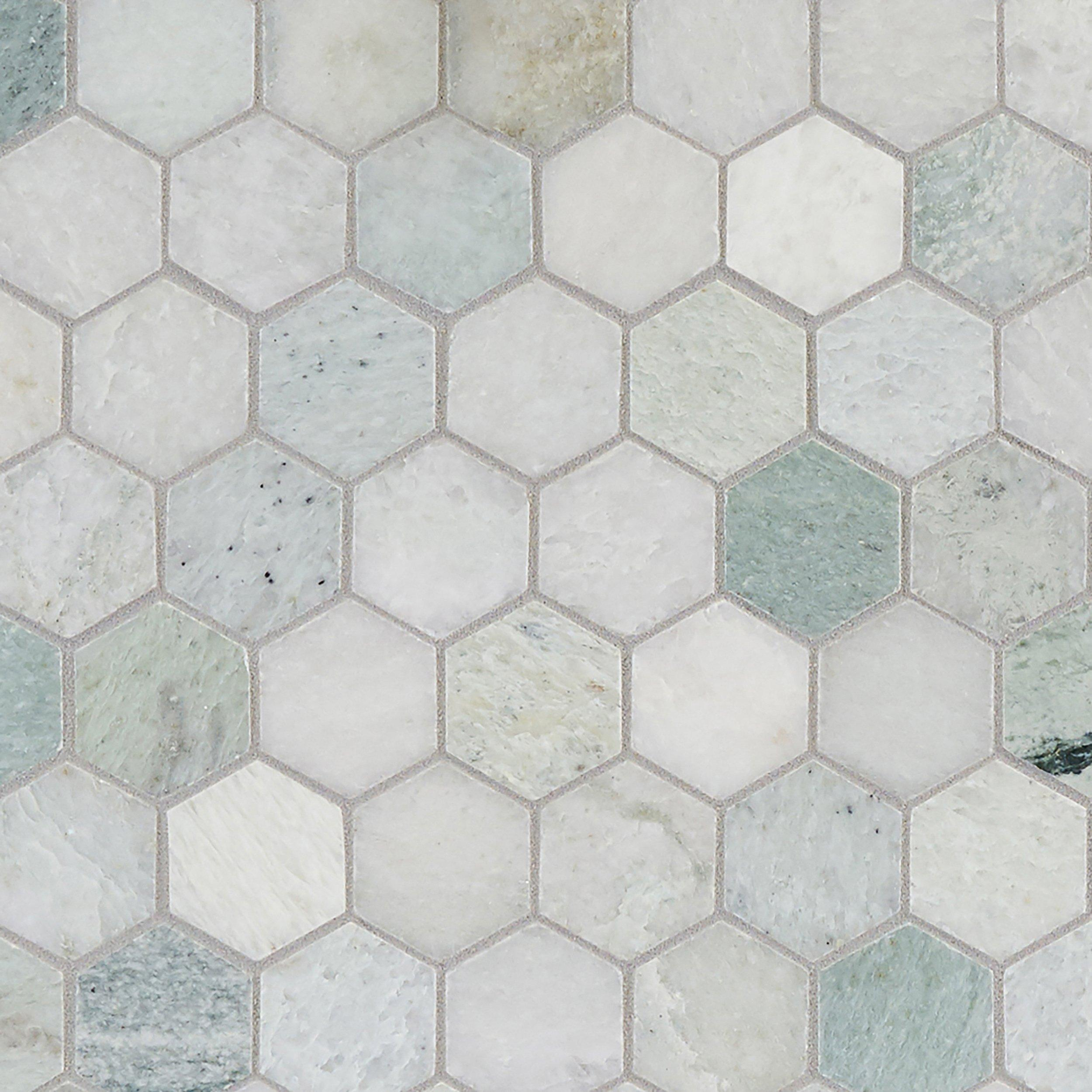 Caribbean Green Hexagon Tumbled Marble Mosaic Guest Bath intended for measurements 2500 X 2500