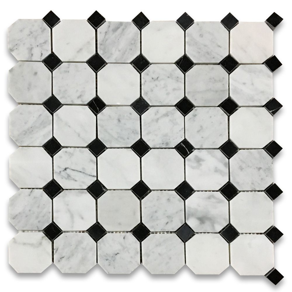 Carrara White 2 Inch Octagon Mosaic Tile W Black Dots Polished Marble From Italy with size 1000 X 1000