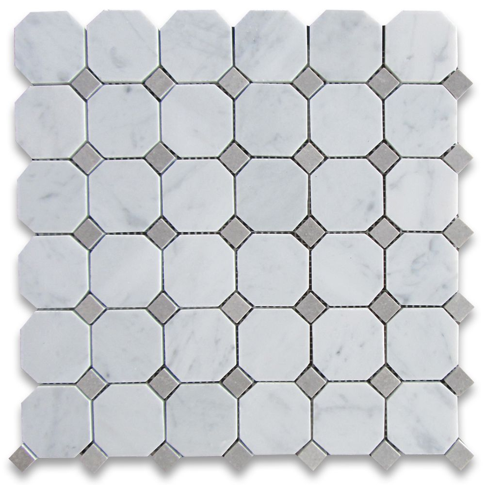 Carrara White 2 Inch Octagon Mosaic Tile W Gray Dots Honed Marble From Italy throughout measurements 1000 X 1000