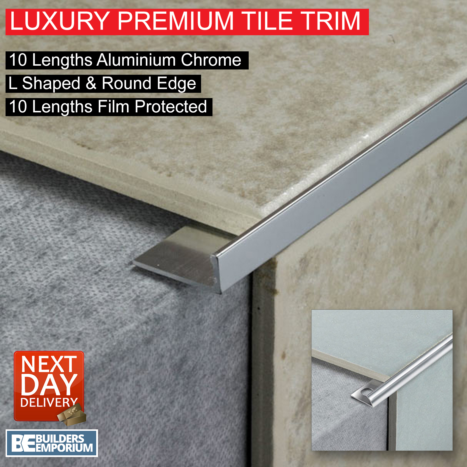 Details About 10x Tile Trim Heavy Duty L Shaped Or Round Edge Aluminium Chrome 810 12mm in dimensions 1600 X 1600