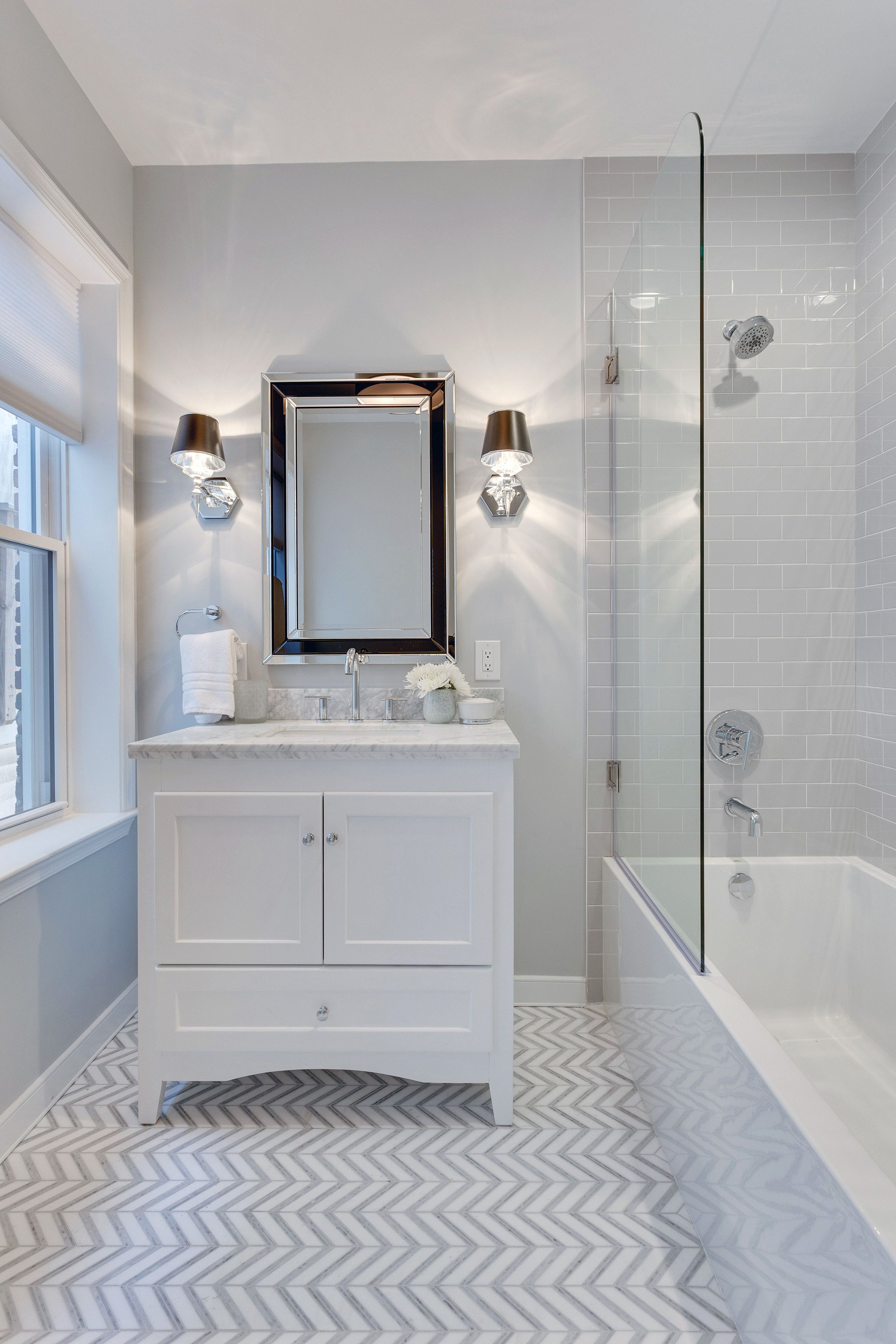 Gray And White Bathroom With Chevron Marble Floor Tile The throughout sizing 2800 X 4200