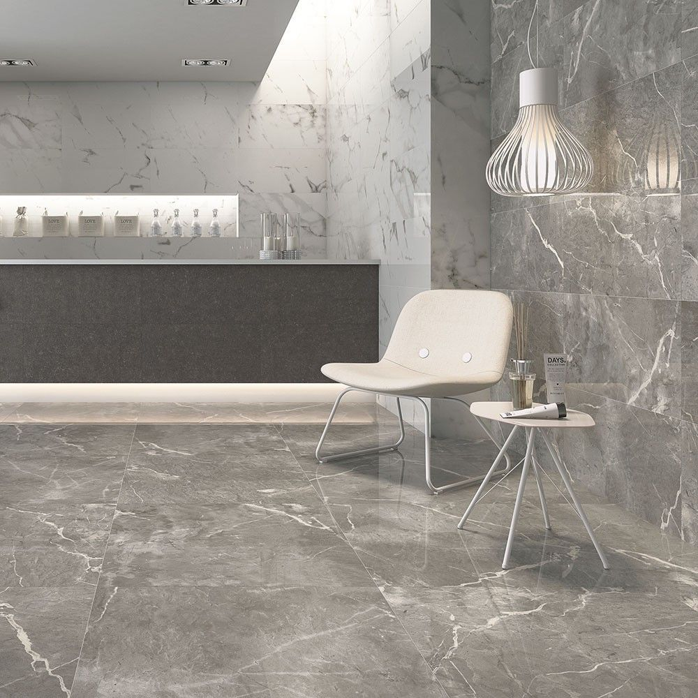 Grey Esparada Marble Effect Polished 600x600 Tiles with measurements 1000 X 1000