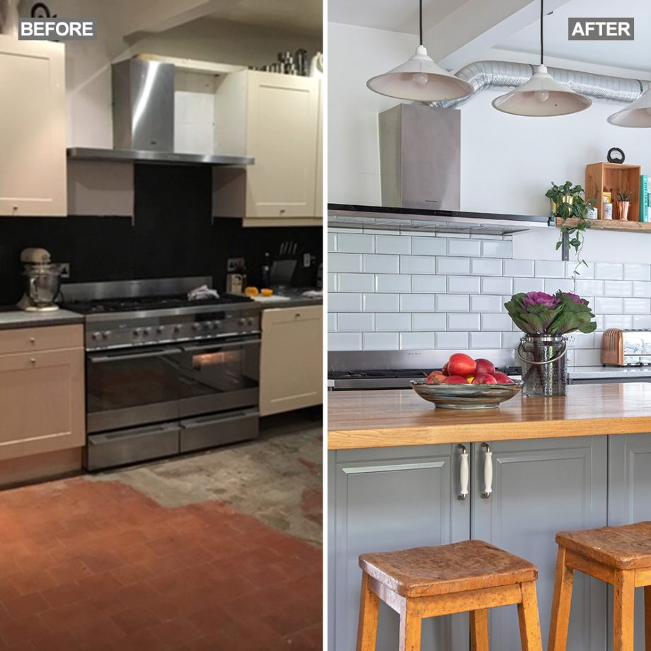Grey Kitchen Makeover With White Metro Tiles Wood Floors within proportions 920 X 920