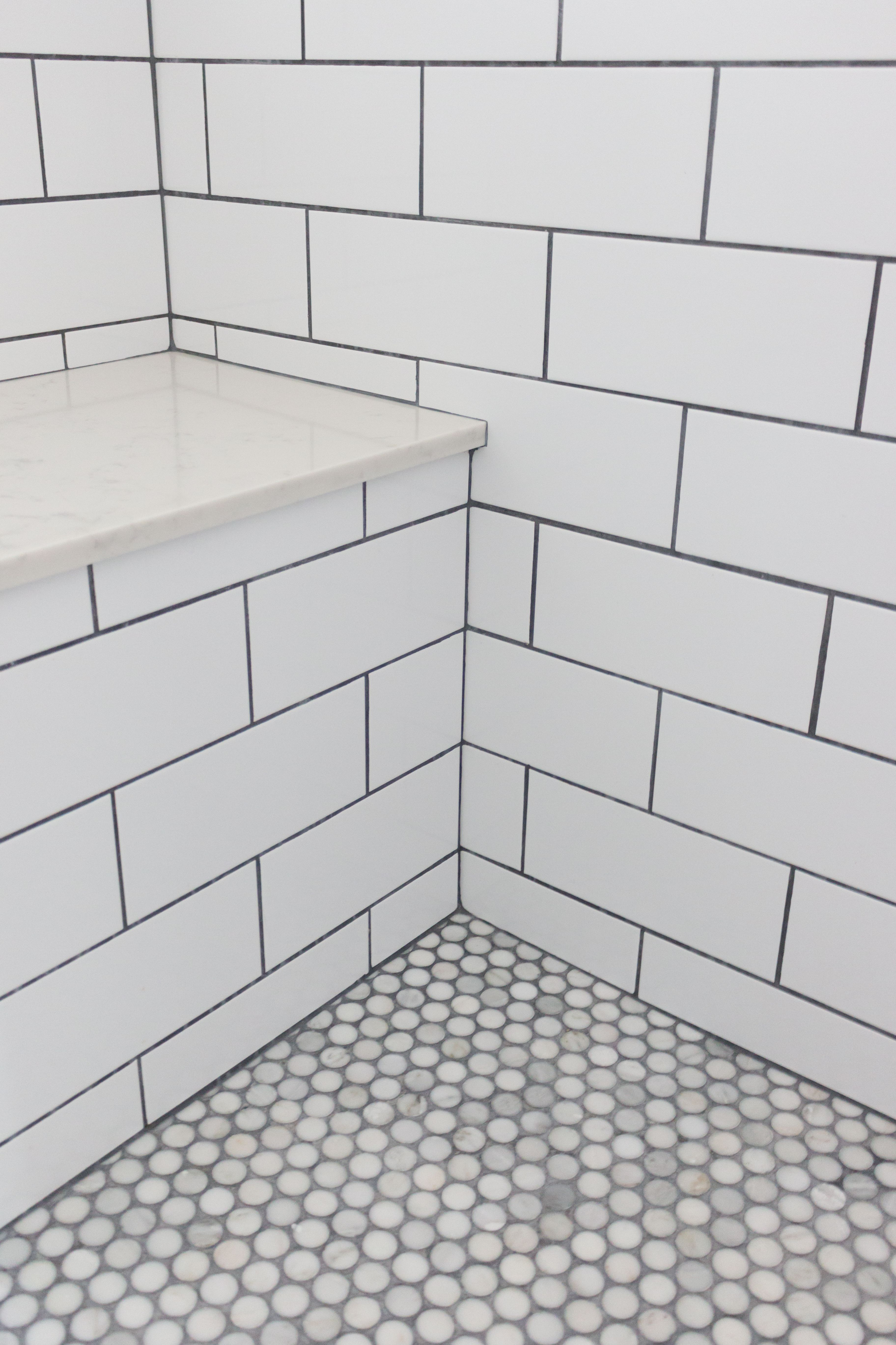 Master Bathroom Shower Subway Tile With Grey Grout Stone pertaining to sizing 3648 X 5472