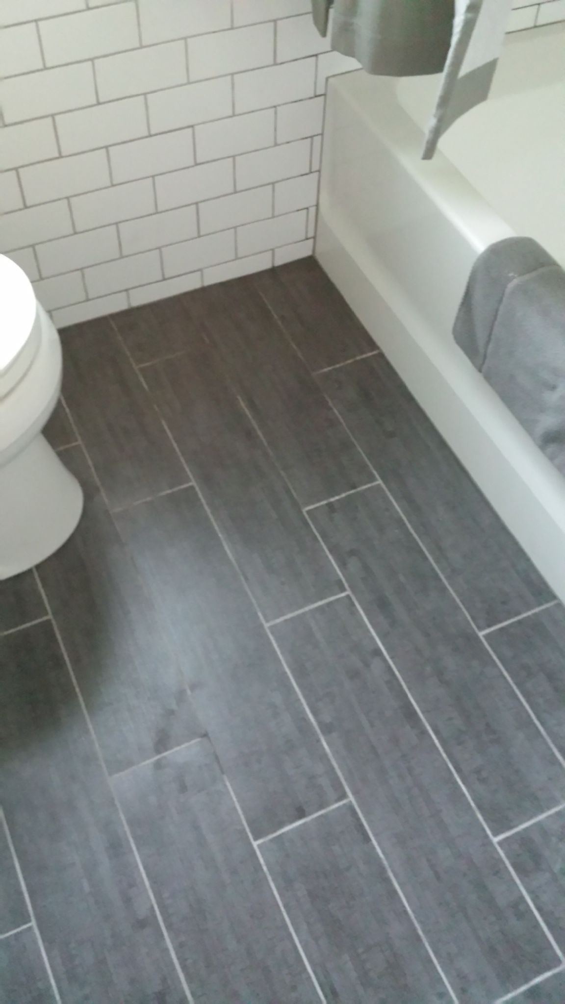 My Finished Bathroom Floor Grey Porcelain Bamboo 6x24 with size 1152 X 2048