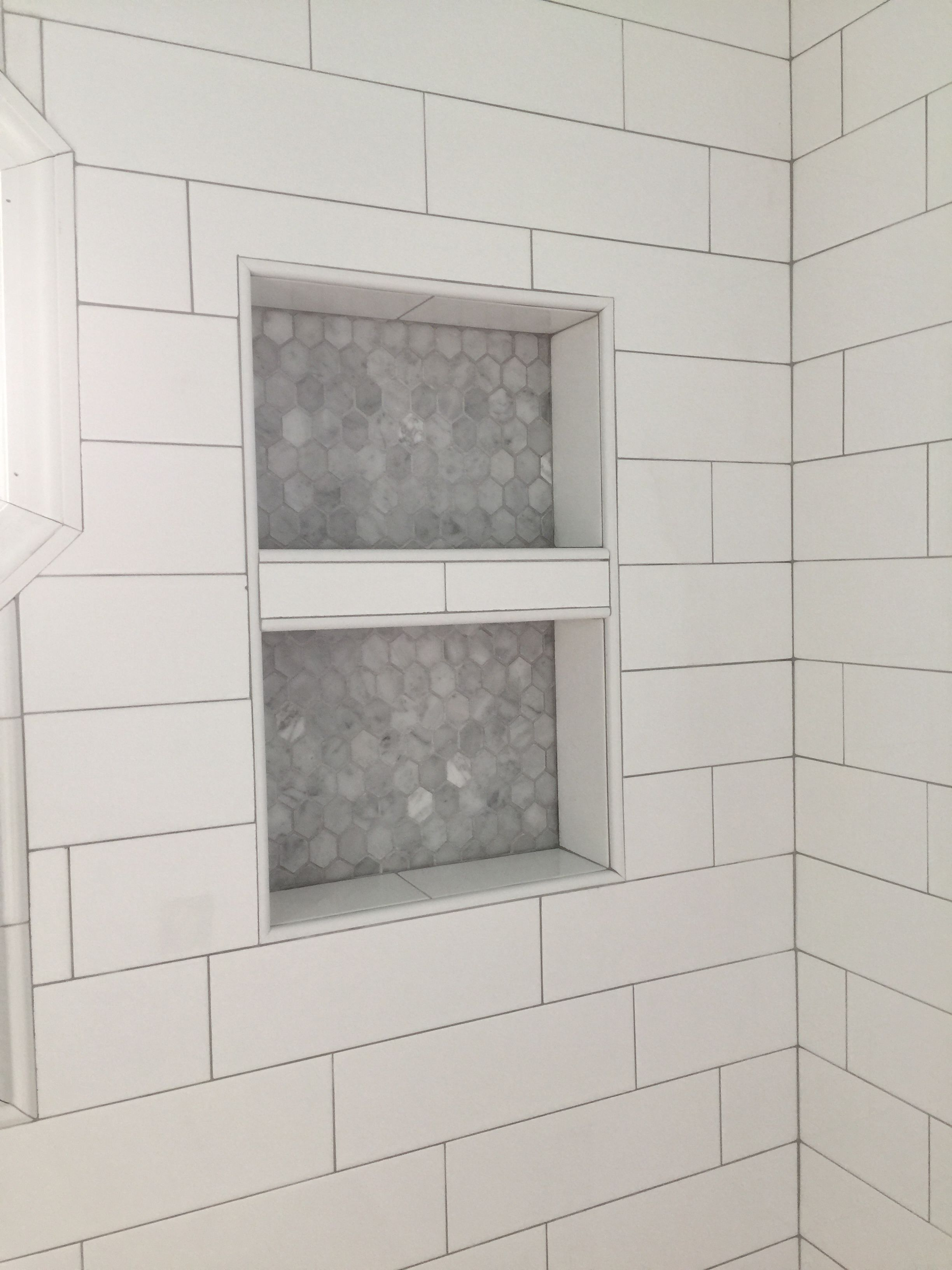 Our Marble Niche With Oversized Subway Tile And Grey Grout inside sizing 2448 X 3264