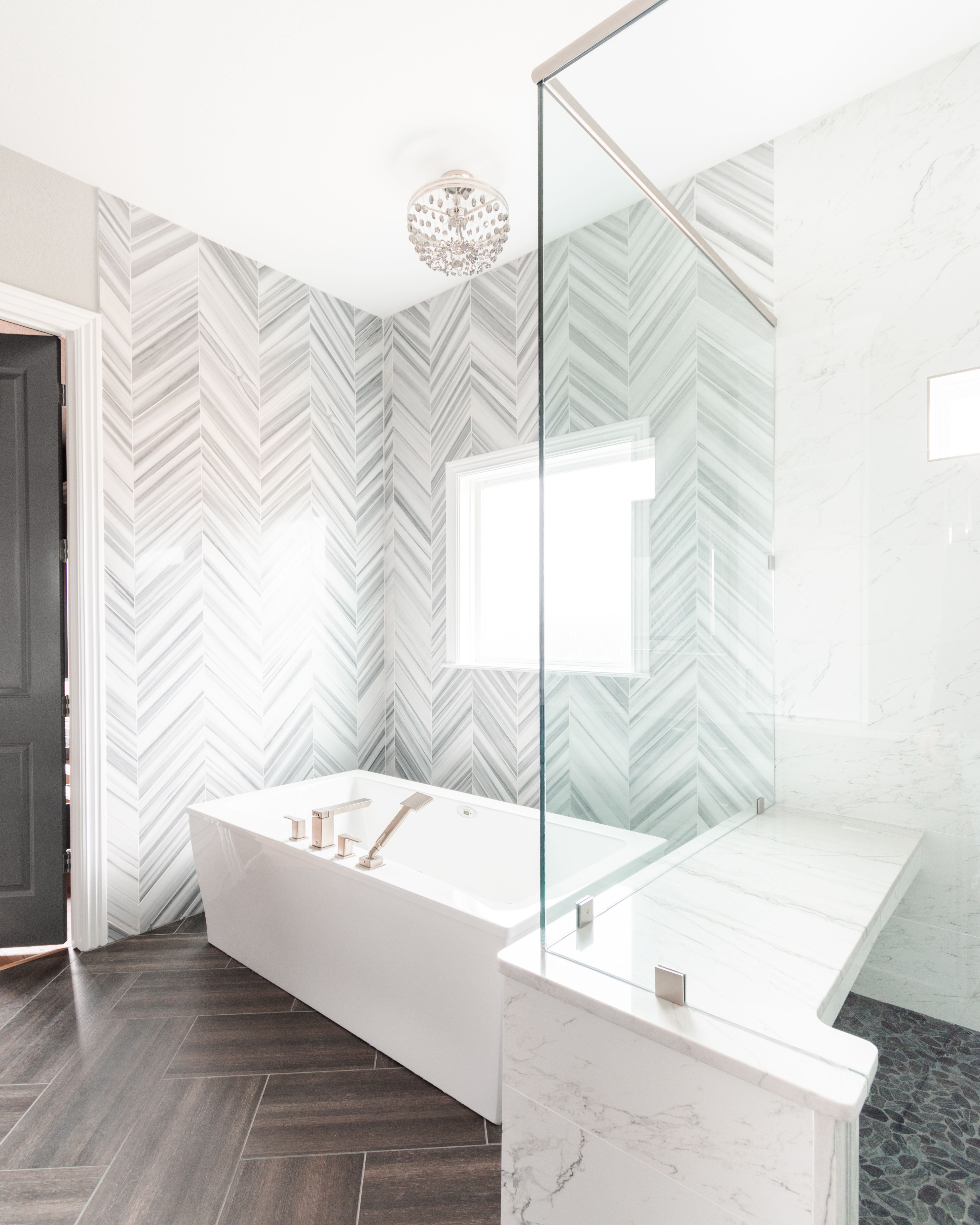 Stunning Master Bathroom W Marble Chevron Tile Wall W in measurements 3946 X 4932