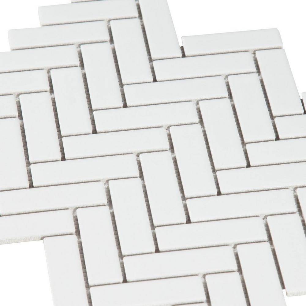 White Herringbone Porcelain Mosaic Bathroom Floor Tiles with dimensions 1000 X 1000