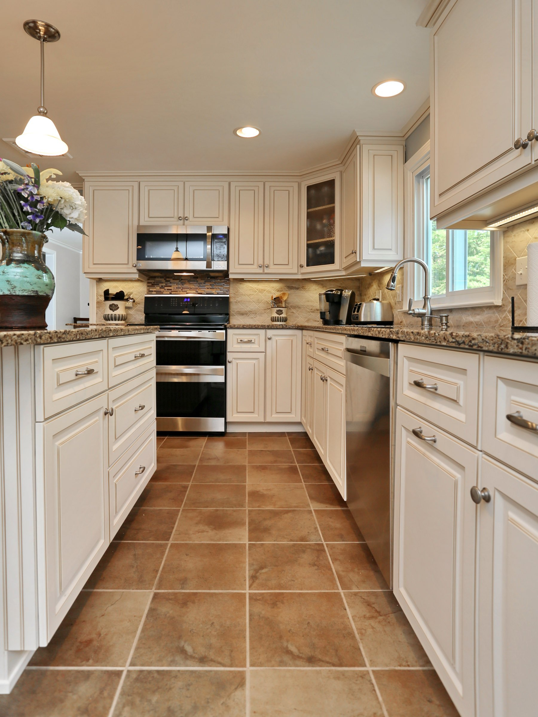 White Kitchen Cabinets Tan Tile Floor Stickable Photo Tiles throughout proportions 1800 X 2400