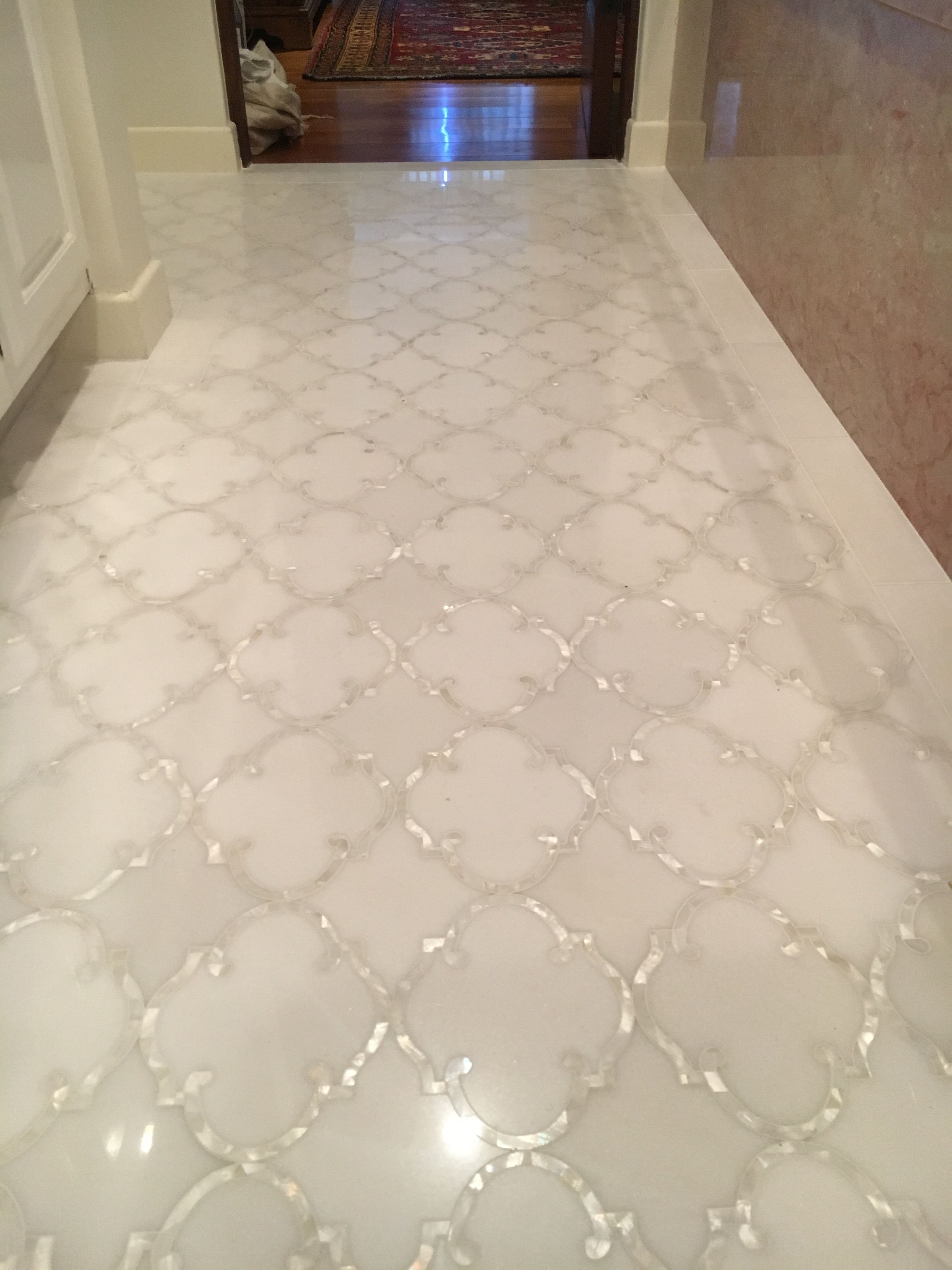 White Marble With Mother Of Pearl Detail Bathroom Floor In in size 3024 X 4032